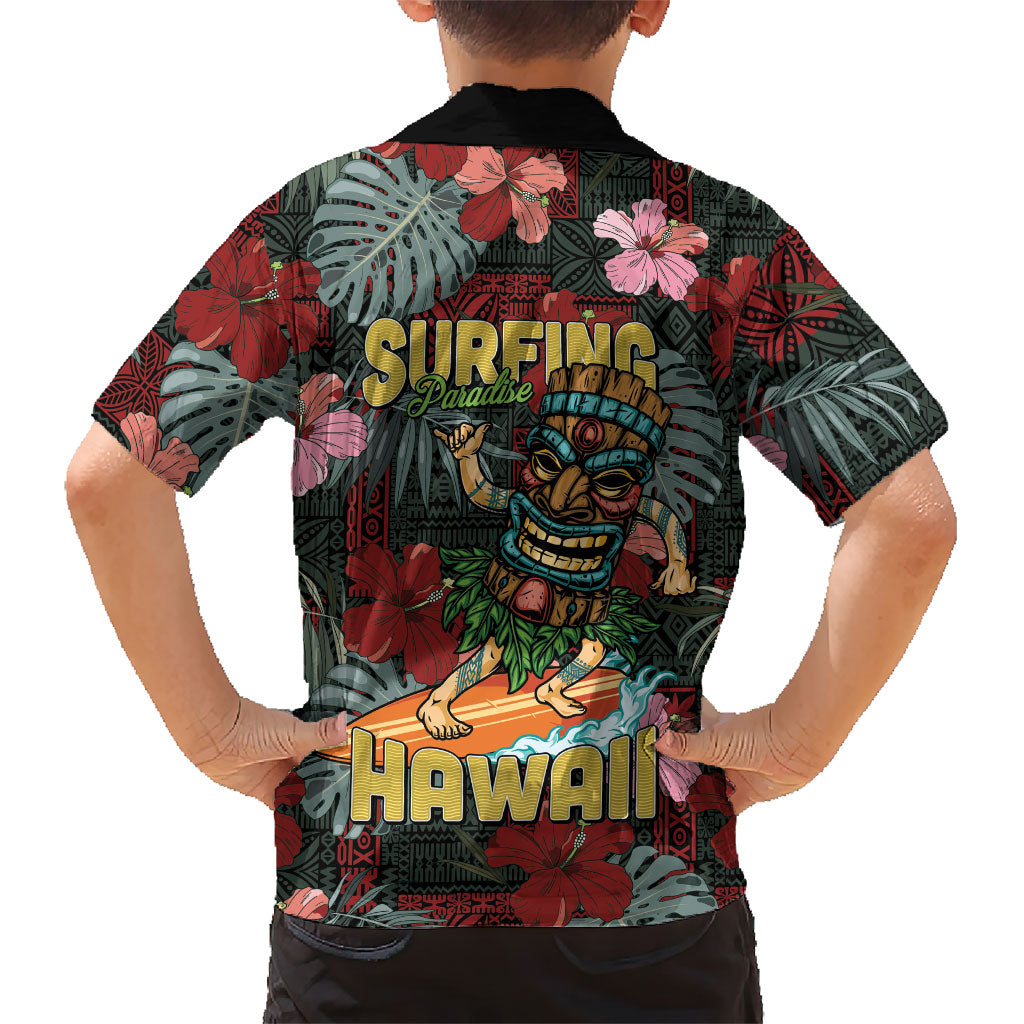 Hawaii Tiki Surfing Family Matching Off Shoulder Maxi Dress and Hawaiian Shirt Mele Kalikimaka i Iulai!