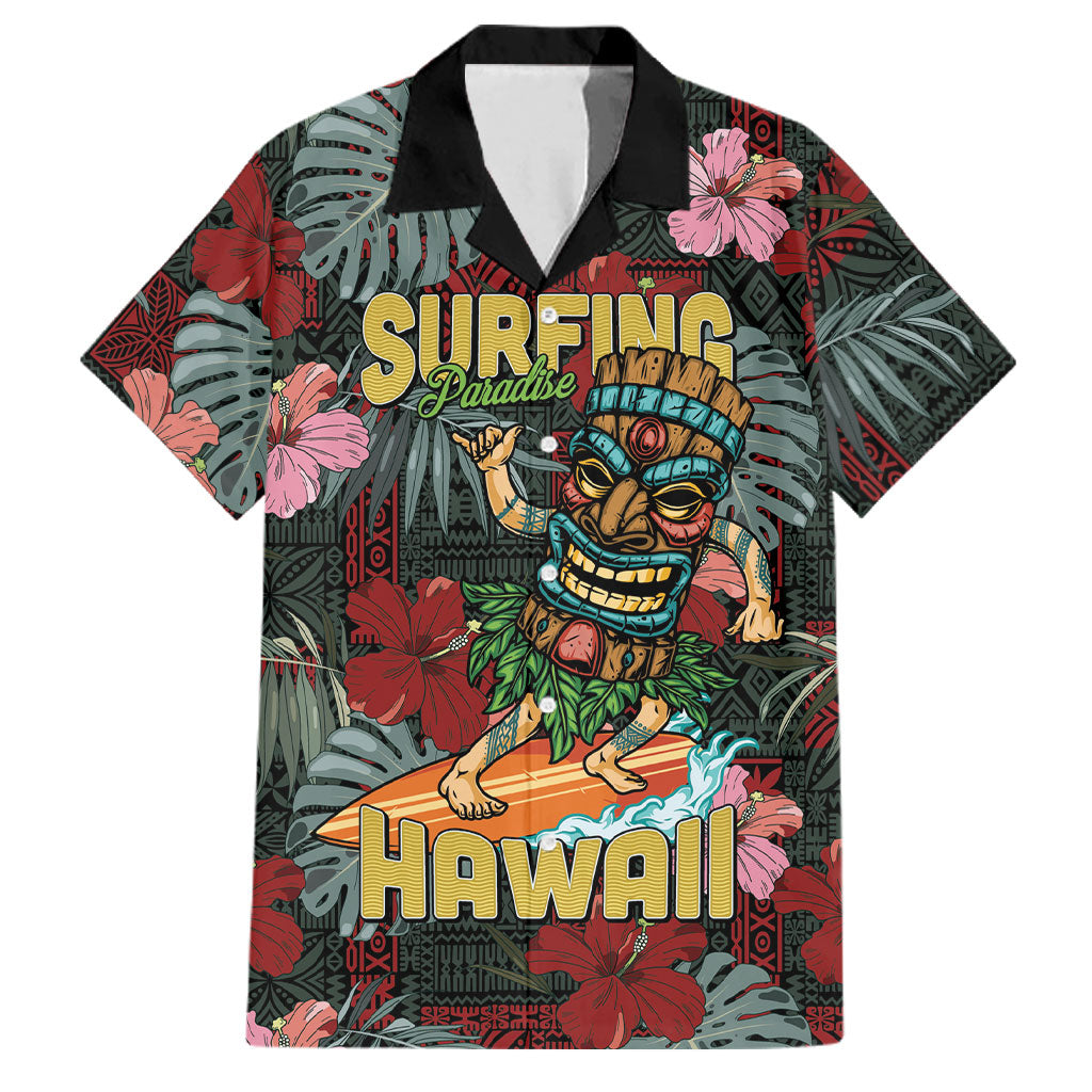Hawaii Tiki Surfing Family Matching Off Shoulder Maxi Dress and Hawaiian Shirt Mele Kalikimaka i Iulai!