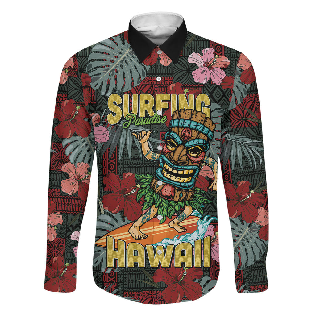 Hawaii Tiki Surfing Family Matching Off Shoulder Maxi Dress and Hawaiian Shirt Mele Kalikimaka i Iulai!