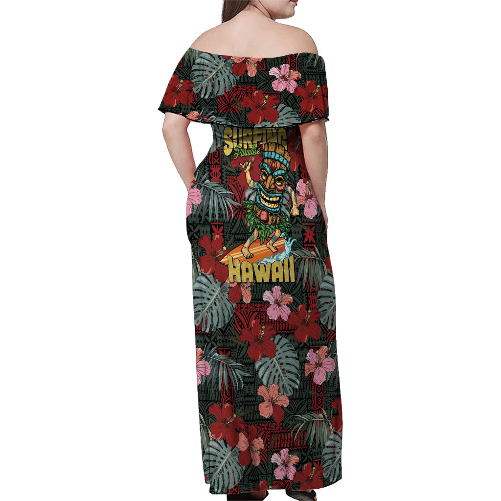 Hawaii Tiki Surfing Family Matching Off Shoulder Maxi Dress and Hawaiian Shirt Mele Kalikimaka i Iulai!