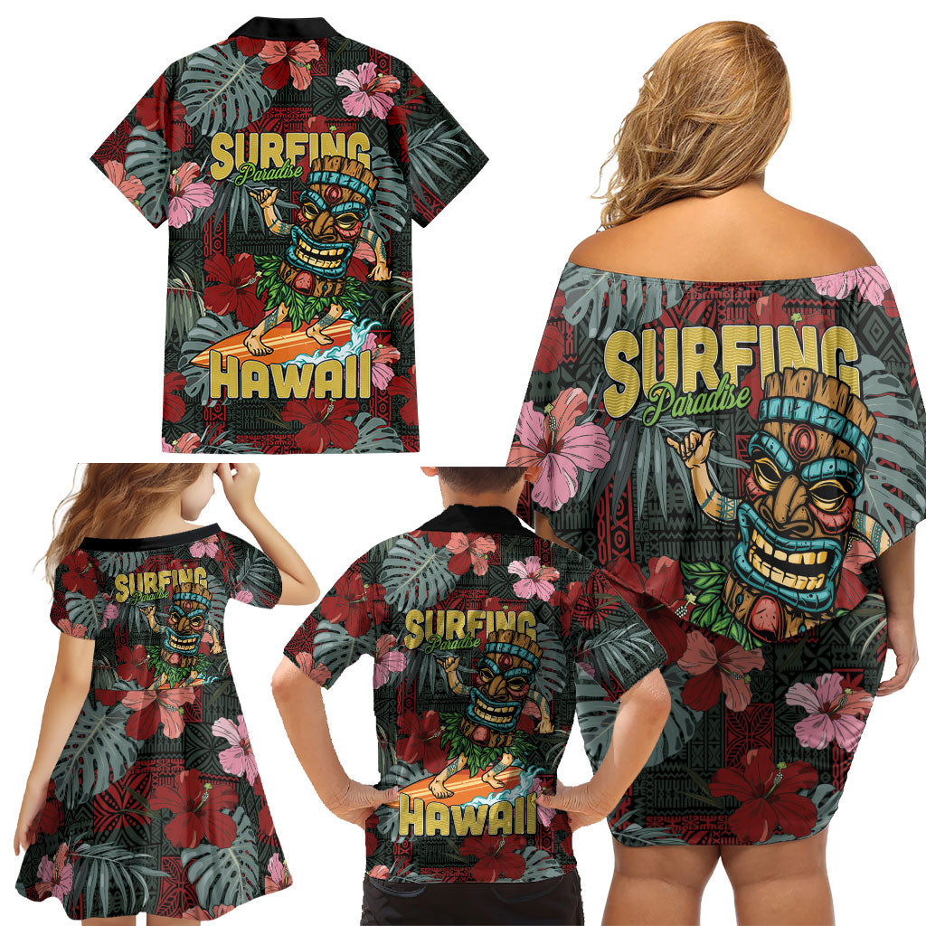 Hawaii Tiki Surfing Family Matching Off Shoulder Short Dress and Hawaiian Shirt Mele Kalikimaka i Iulai!