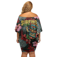 Hawaii Tiki Surfing Family Matching Off Shoulder Short Dress and Hawaiian Shirt Mele Kalikimaka i Iulai!