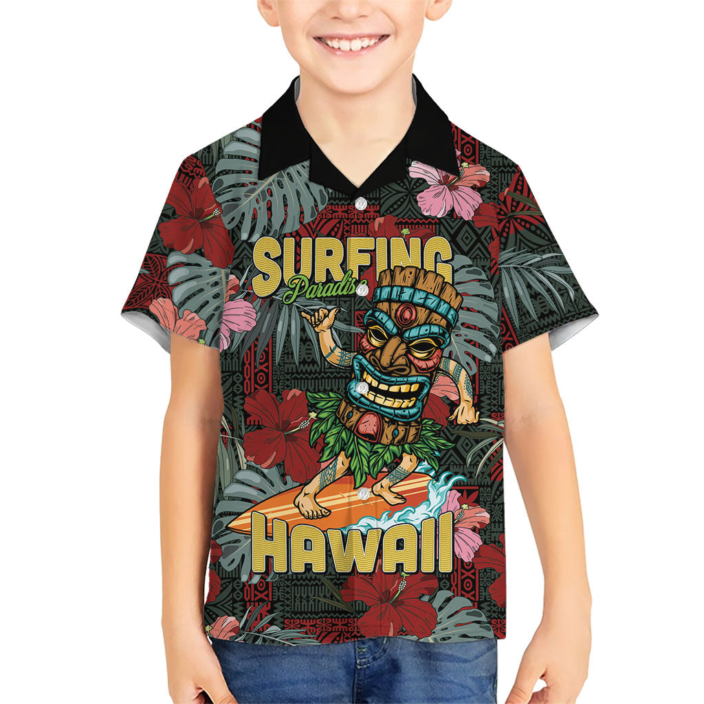 Hawaii Tiki Surfing Family Matching Off Shoulder Short Dress and Hawaiian Shirt Mele Kalikimaka i Iulai!