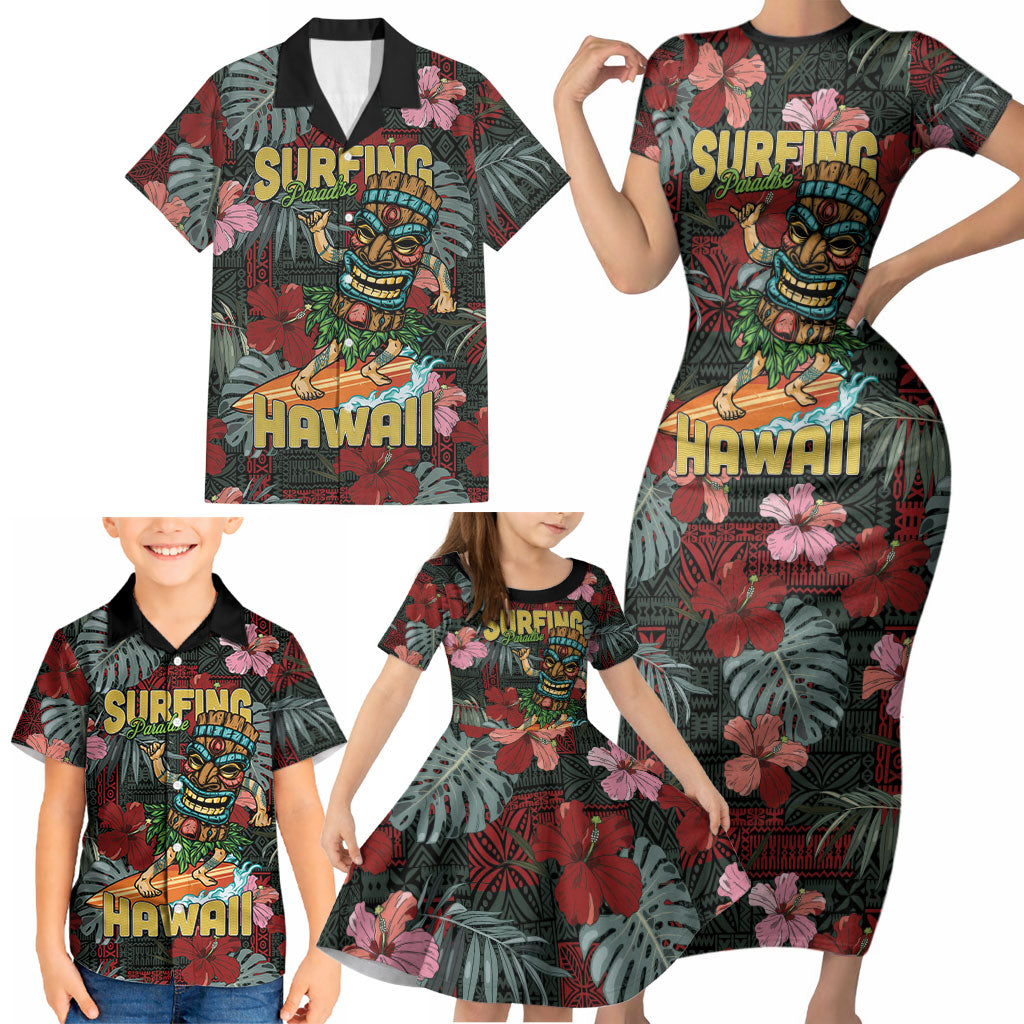 Hawaii Tiki Surfing Family Matching Short Sleeve Bodycon Dress and Hawaiian Shirt Mele Kalikimaka i Iulai! LT9 - Polynesian Pride