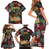 Hawaii Tiki Surfing Family Matching Short Sleeve Bodycon Dress and Hawaiian Shirt Mele Kalikimaka i Iulai!
