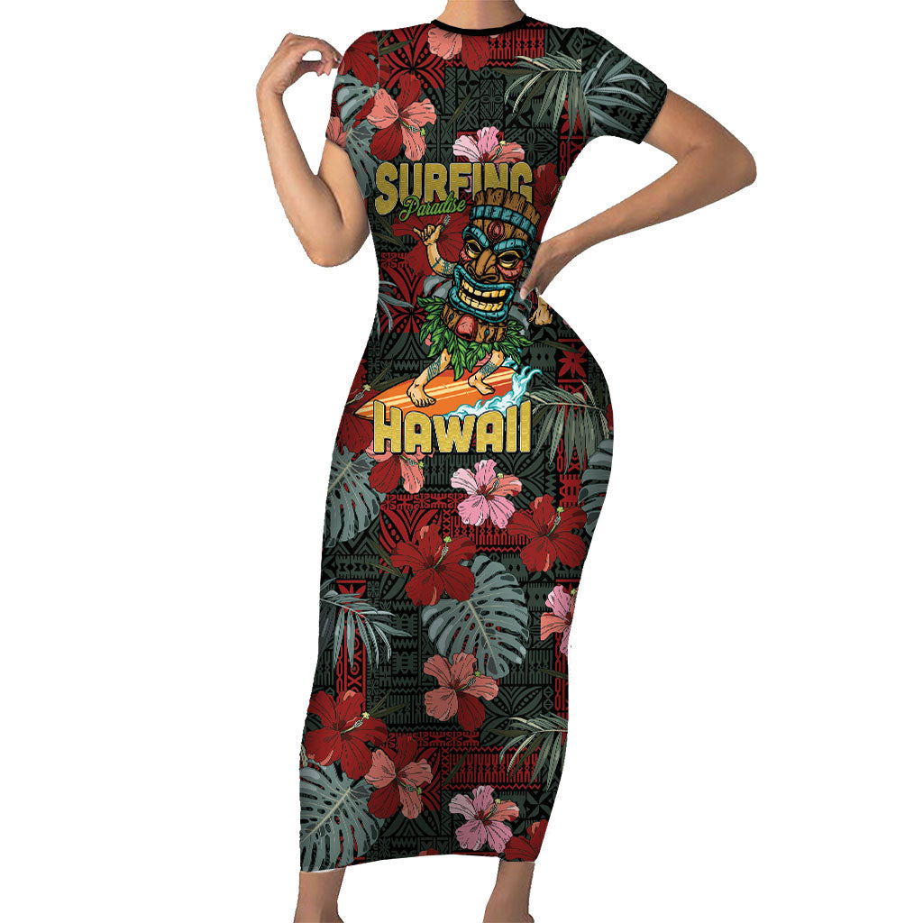 Hawaii Tiki Surfing Family Matching Short Sleeve Bodycon Dress and Hawaiian Shirt Mele Kalikimaka i Iulai!