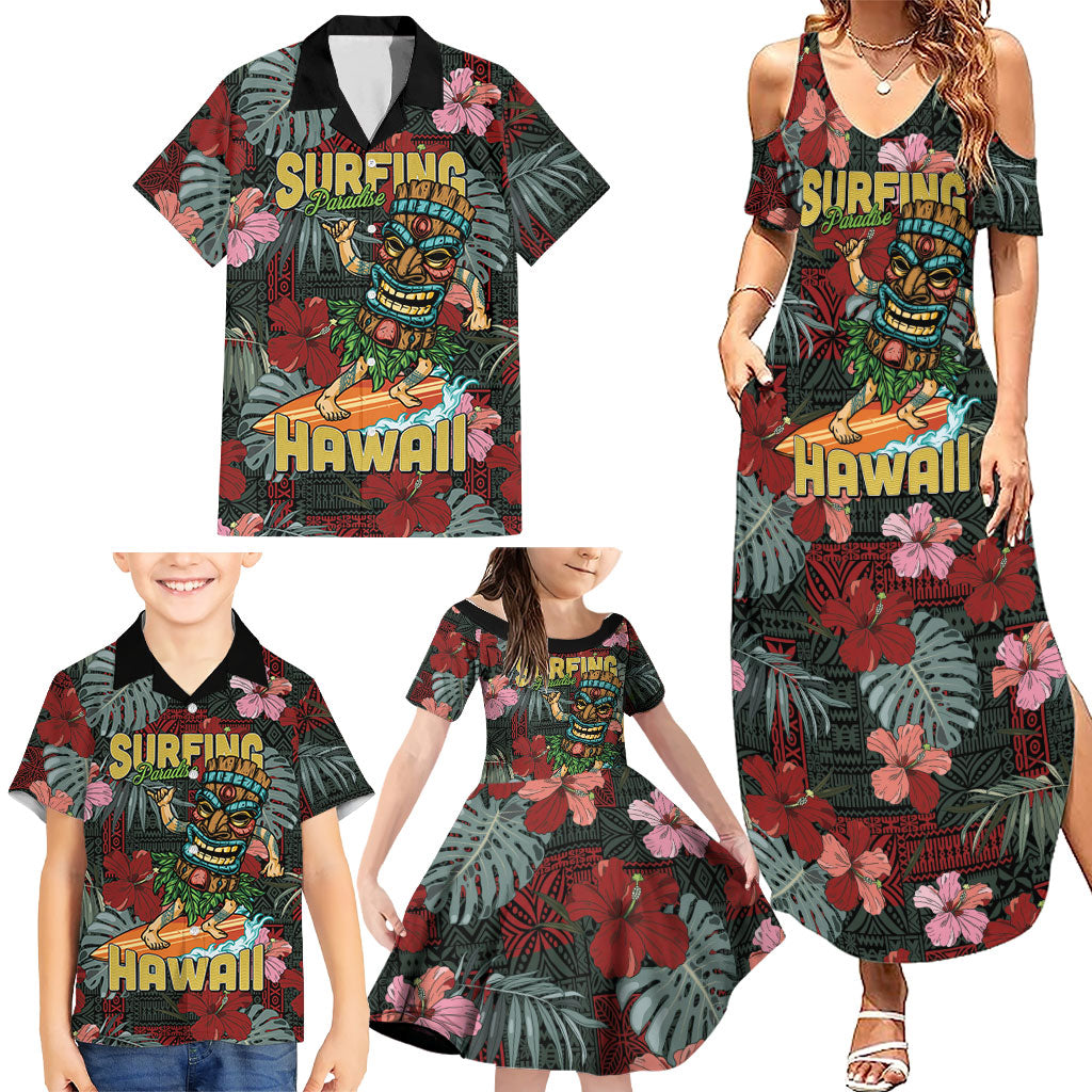 Hawaii Tiki Surfing Family Matching Summer Maxi Dress and Hawaiian Shirt Mele Kalikimaka i Iulai!