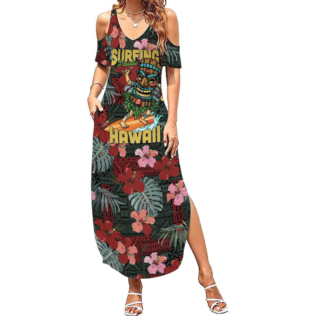 Hawaii Tiki Surfing Family Matching Summer Maxi Dress and Hawaiian Shirt Mele Kalikimaka i Iulai!