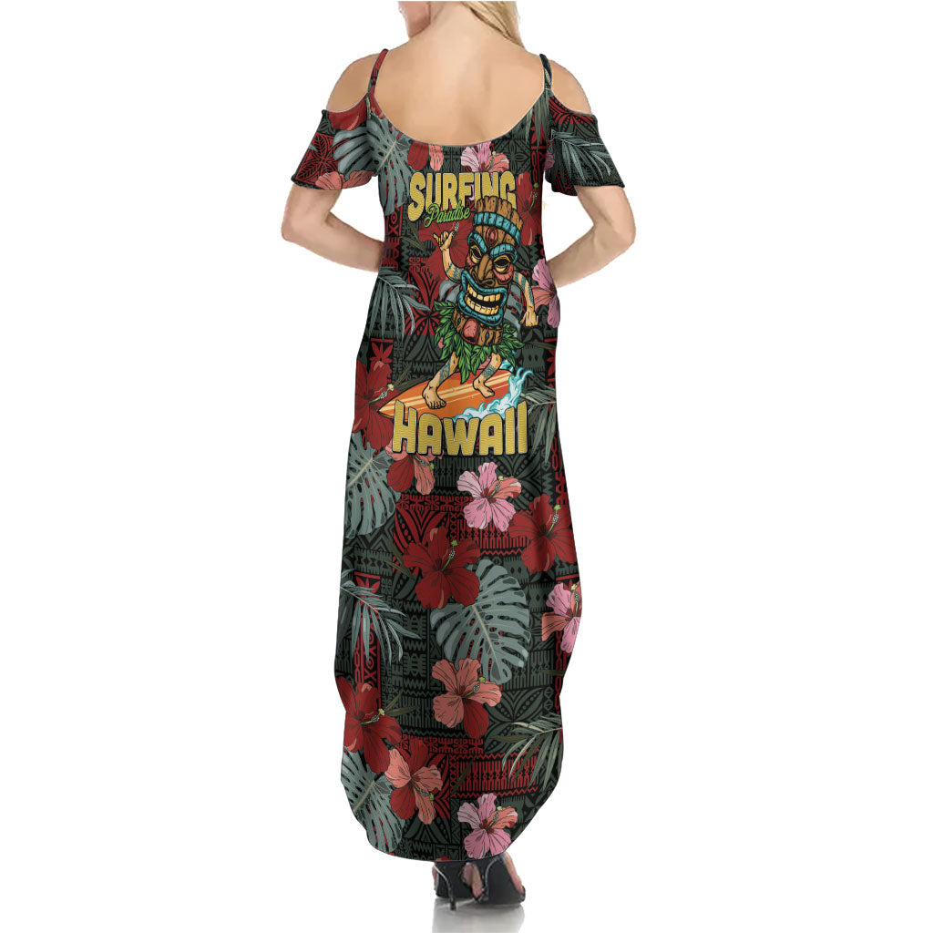 Hawaii Tiki Surfing Family Matching Summer Maxi Dress and Hawaiian Shirt Mele Kalikimaka i Iulai!