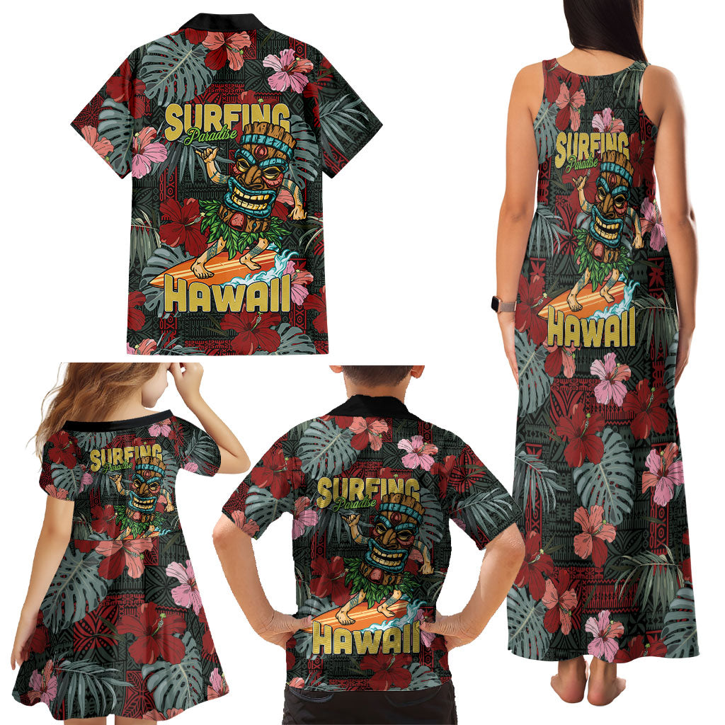 Hawaii Tiki Surfing Family Matching Tank Maxi Dress and Hawaiian Shirt Mele Kalikimaka i Iulai!