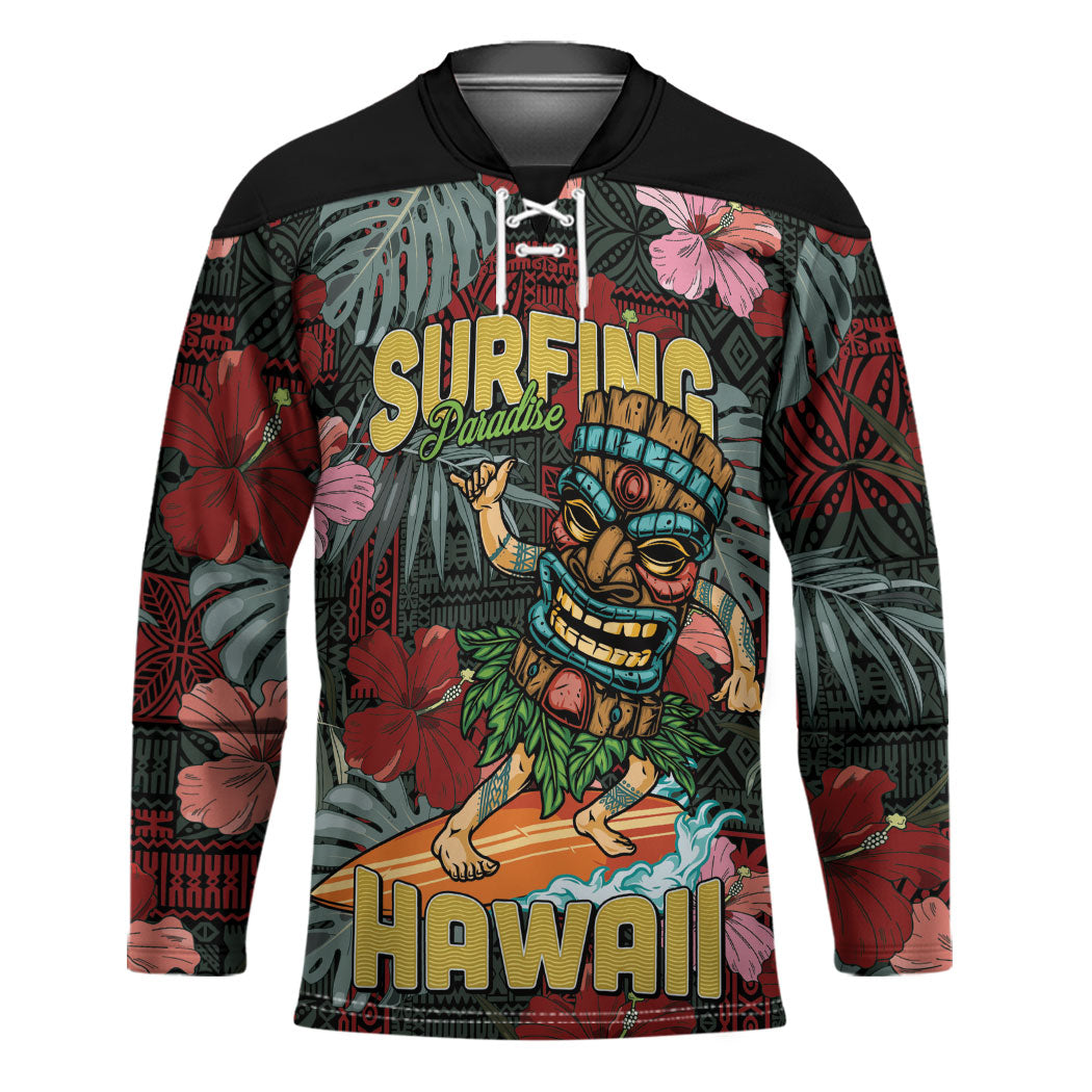 Hawaii Tiki Surfing Hockey Jersey Mele Kalikimaka i Iulai! LT9 Unisex Black - Polynesian Pride