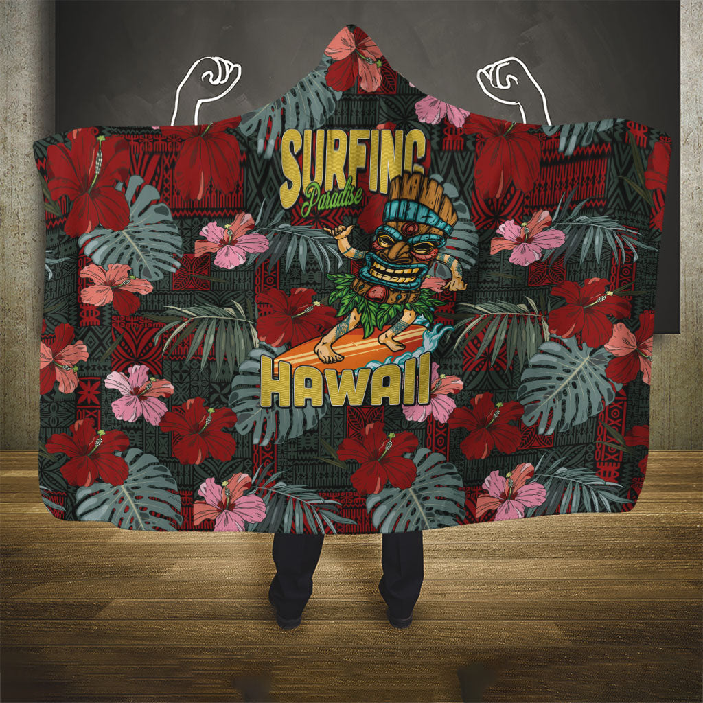 Hawaii Tiki Surfing Hooded Blanket Mele Kalikimaka i Iulai!