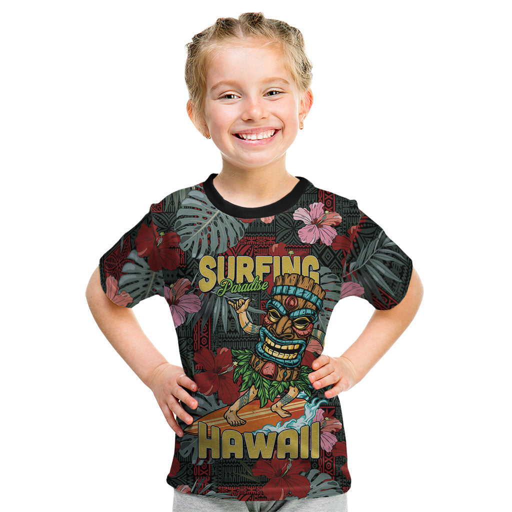 Hawaii Tiki Surfing Kid T Shirt Mele Kalikimaka i Iulai! LT9 Black - Polynesian Pride