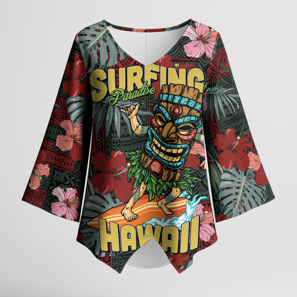 Hawaii Tiki Surfing Kimono Sleeve Blouse Mele Kalikimaka i Iulai! LT9 Female Black - Polynesian Pride