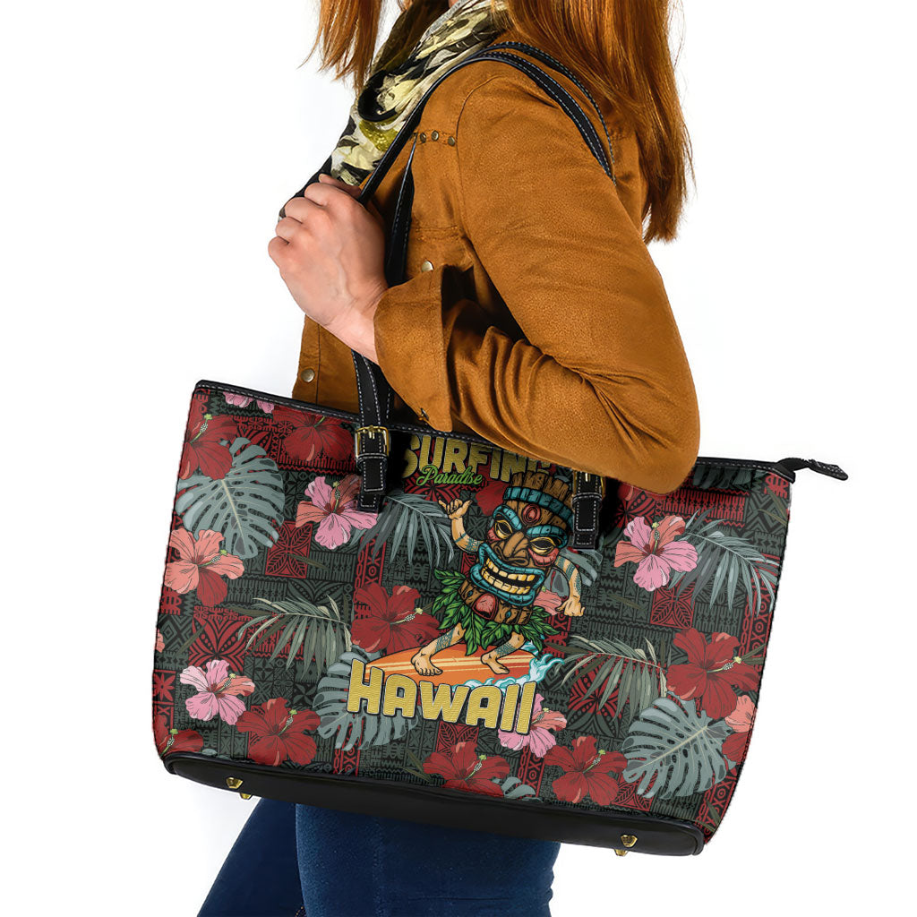 Hawaii Tiki Surfing Leather Tote Bag Mele Kalikimaka i Iulai!