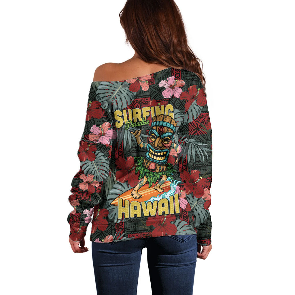 Hawaii Tiki Surfing Off Shoulder Sweater Mele Kalikimaka i Iulai!