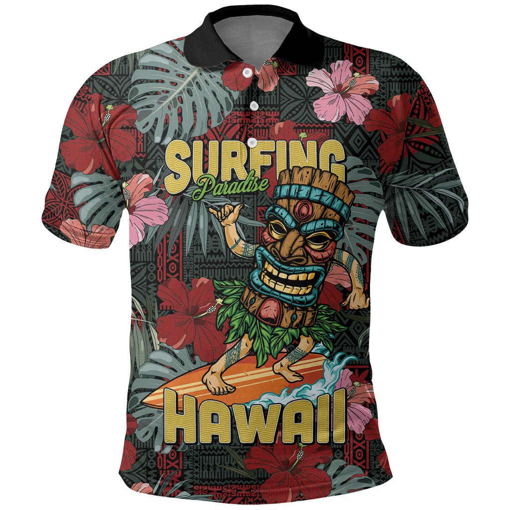 Hawaii Tiki Surfing Polo Shirt Mele Kalikimaka i Iulai! LT9 Black - Polynesian Pride
