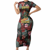 Hawaii Tiki Surfing Short Sleeve Bodycon Dress Mele Kalikimaka i Iulai! LT9 Long Dress Black - Polynesian Pride