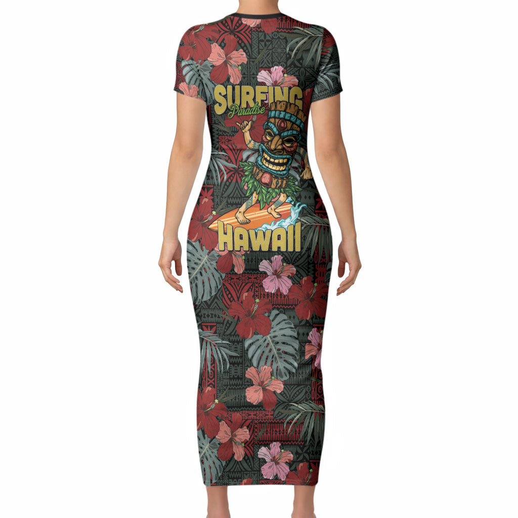 Hawaii Tiki Surfing Short Sleeve Bodycon Dress Mele Kalikimaka i Iulai! LT9 - Polynesian Pride