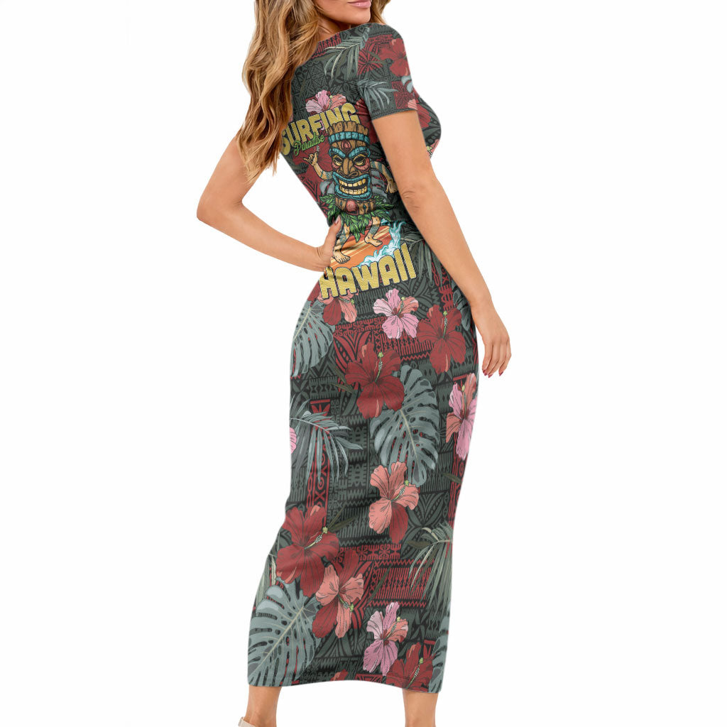 Hawaii Tiki Surfing Short Sleeve Bodycon Dress Mele Kalikimaka i Iulai! LT9 - Polynesian Pride