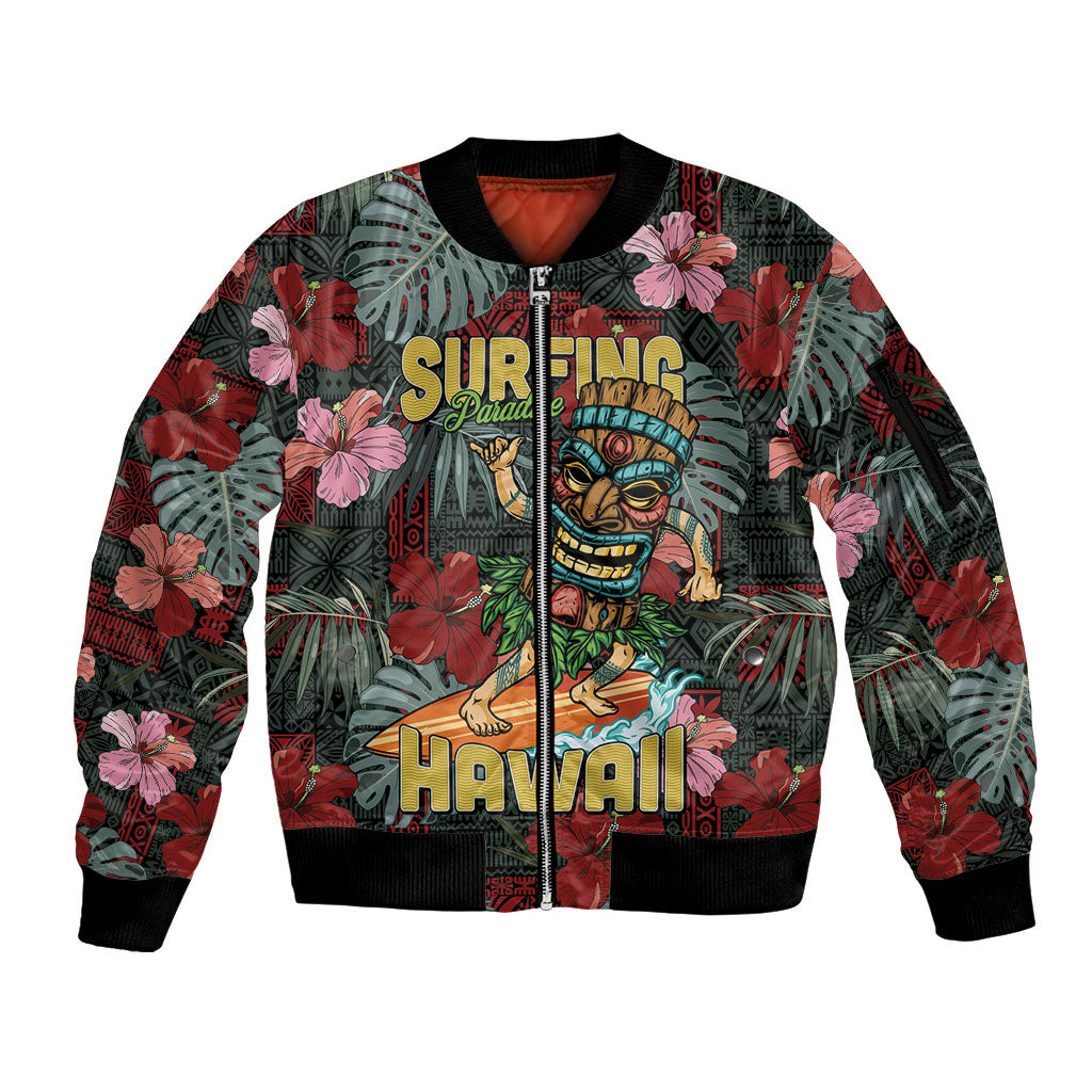 Hawaii Tiki Surfing Sleeve Zip Bomber Jacket Mele Kalikimaka i Iulai!