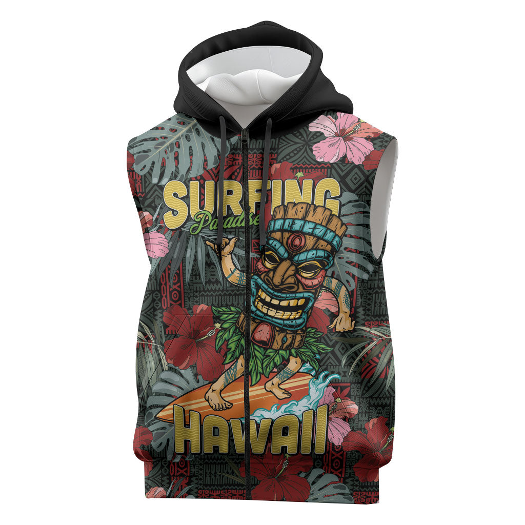 Hawaii Tiki Surfing Sleeveless Zip Hoodie Mele Kalikimaka i Iulai!