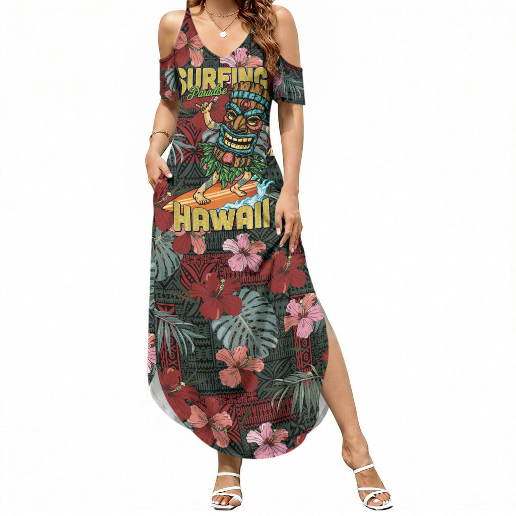 Hawaii Tiki Surfing Summer Maxi Dress Mele Kalikimaka i Iulai! LT9 Women Black - Polynesian Pride