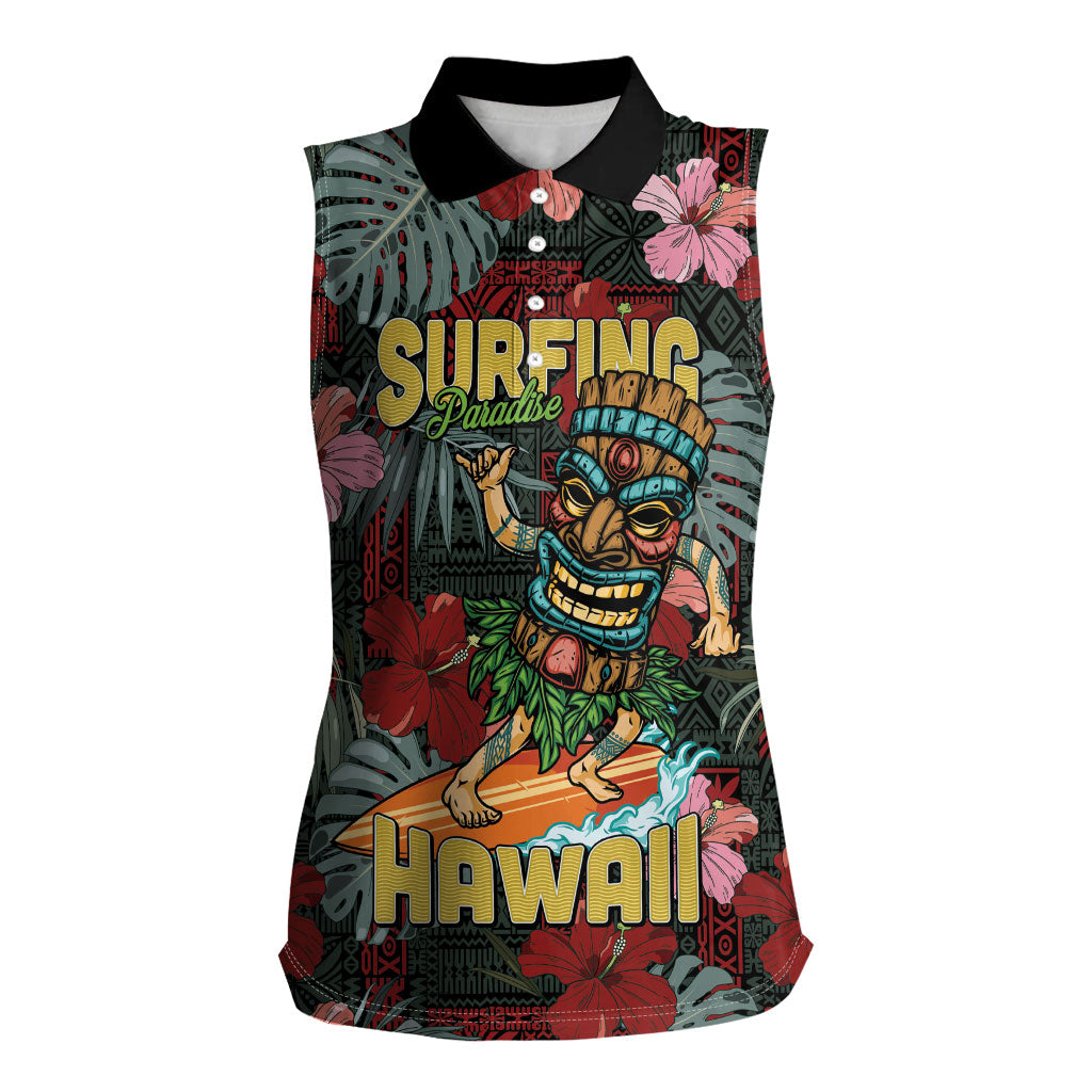 Hawaii Tiki Surfing Women Sleeveless Polo Shirt Mele Kalikimaka i Iulai! LT9 Female Black - Polynesian Pride