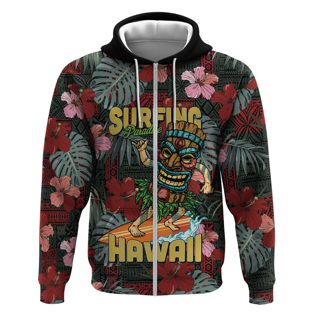 Hawaii Tiki Surfing Zip Hoodie Mele Kalikimaka i Iulai! LT9 Zip Hoodie Black - Polynesian Pride