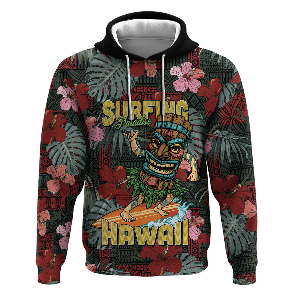 Hawaii Tiki Surfing Zip Hoodie Mele Kalikimaka i Iulai! LT9 Pullover Hoodie Black - Polynesian Pride