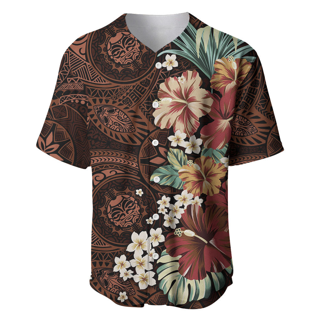 Kanoa Hawai'i Hibiscus Baseball Jersey Polynesian Tribal Tattoo Pattern Floral Elements LT9 Brown - Polynesian Pride