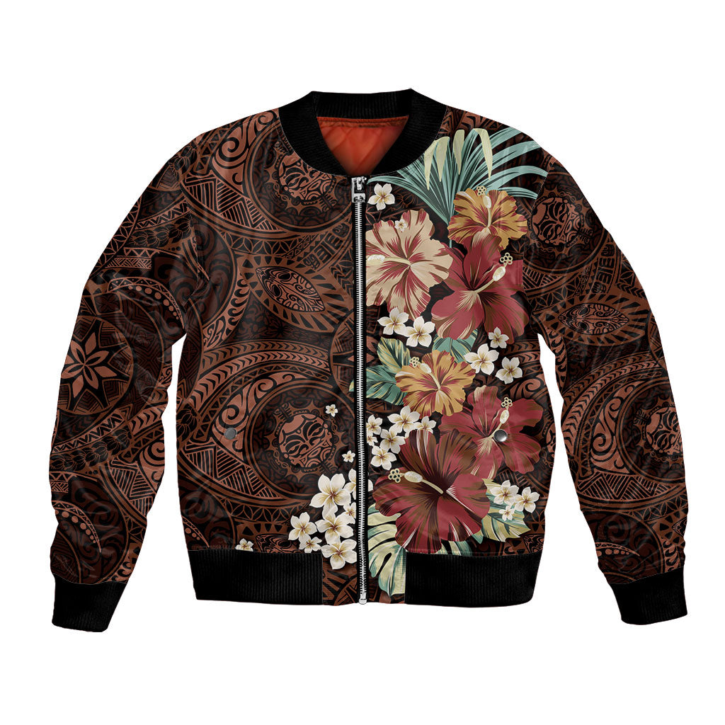 Kanoa Hawai'i Hibiscus Bomber Jacket Polynesian Tribal Tattoo Pattern Floral Elements LT9 Unisex Brown - Polynesian Pride