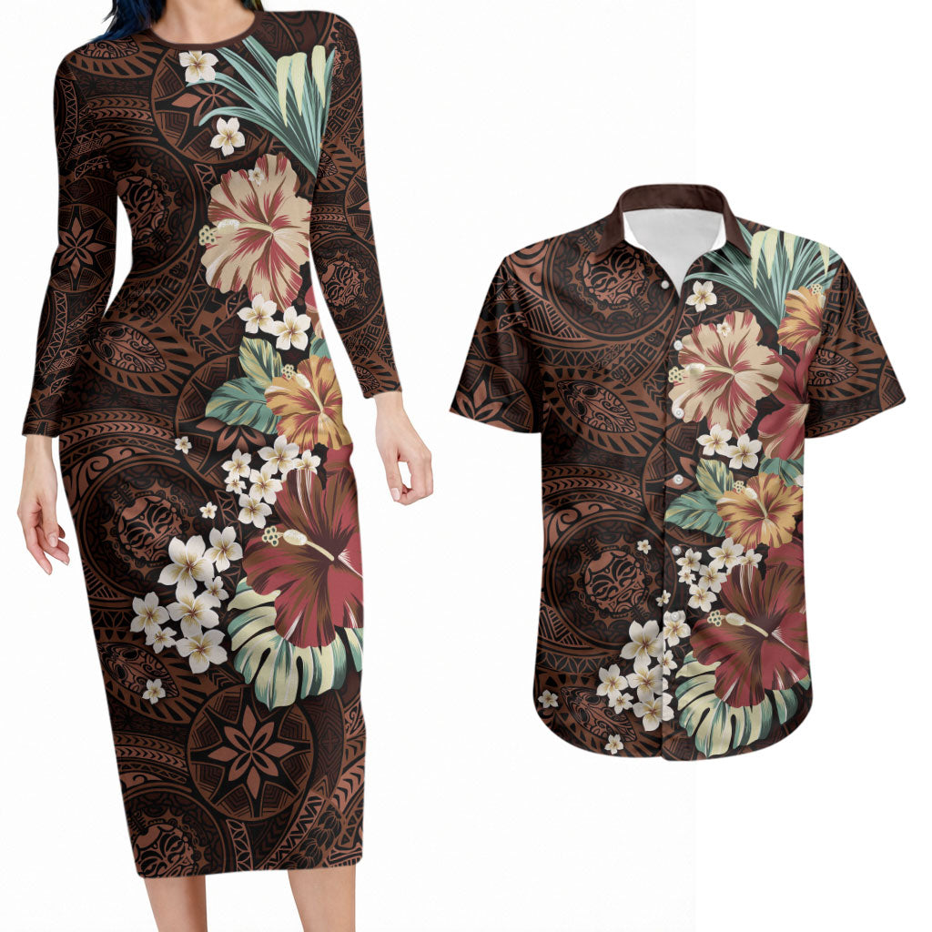 Kanoa Hawai'i Hibiscus Couples Matching Long Sleeve Bodycon Dress and Hawaiian Shirt Polynesian Tribal Tattoo Pattern Floral Elements LT9 Brown - Polynesian Pride