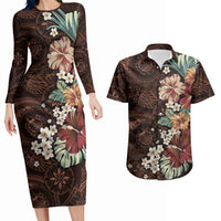 Kanoa Hawai'i Hibiscus Couples Matching Long Sleeve Bodycon Dress and Hawaiian Shirt Polynesian Tribal Tattoo Pattern Floral Elements LT9 Brown - Polynesian Pride