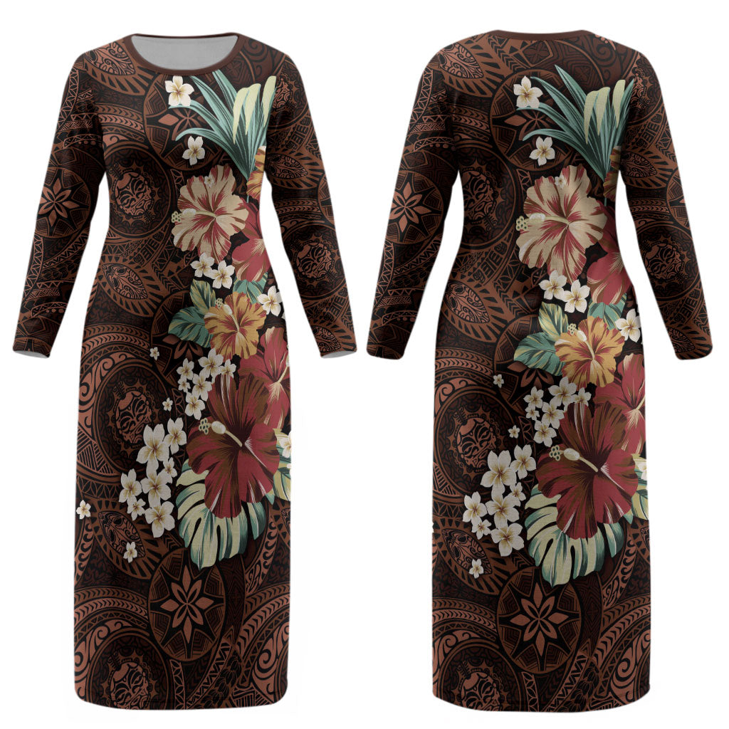 Kanoa Hawai'i Hibiscus Couples Matching Long Sleeve Bodycon Dress and Hawaiian Shirt Polynesian Tribal Tattoo Pattern Floral Elements LT9 - Polynesian Pride