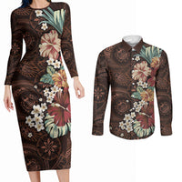 Kanoa Hawai'i Hibiscus Couples Matching Long Sleeve Bodycon Dress and Long Sleeve Button Shirt Polynesian Tribal Tattoo Pattern Floral Elements LT9 Brown - Polynesian Pride