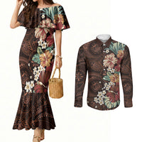 Kanoa Hawai'i Hibiscus Couples Matching Mermaid Dress and Long Sleeve Button Shirt Polynesian Tribal Tattoo Pattern Floral Elements