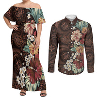 Kanoa Hawai'i Hibiscus Couples Matching Off Shoulder Maxi Dress and Long Sleeve Button Shirt Polynesian Tribal Tattoo Pattern Floral Elements LT9 Brown - Polynesian Pride