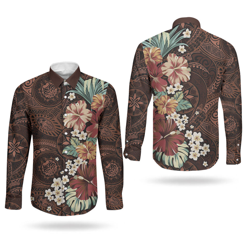 Kanoa Hawai'i Hibiscus Couples Matching Off Shoulder Maxi Dress and Long Sleeve Button Shirt Polynesian Tribal Tattoo Pattern Floral Elements LT9 - Polynesian Pride