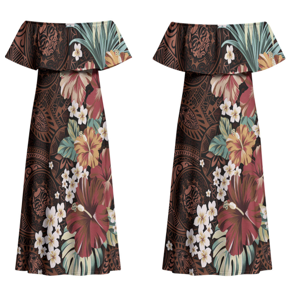 Kanoa Hawai'i Hibiscus Couples Matching Off Shoulder Maxi Dress and Long Sleeve Button Shirt Polynesian Tribal Tattoo Pattern Floral Elements LT9 - Polynesian Pride