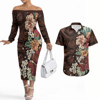 Kanoa Hawai'i Hibiscus Couples Matching Off The Shoulder Long Sleeve Dress and Hawaiian Shirt Polynesian Tribal Tattoo Pattern Floral Elements LT9 Brown - Polynesian Pride