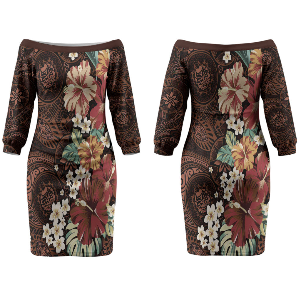 Kanoa Hawai'i Hibiscus Couples Matching Off The Shoulder Long Sleeve Dress and Hawaiian Shirt Polynesian Tribal Tattoo Pattern Floral Elements LT9 - Polynesian Pride
