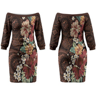Kanoa Hawai'i Hibiscus Couples Matching Off The Shoulder Long Sleeve Dress and Hawaiian Shirt Polynesian Tribal Tattoo Pattern Floral Elements LT9 - Polynesian Pride