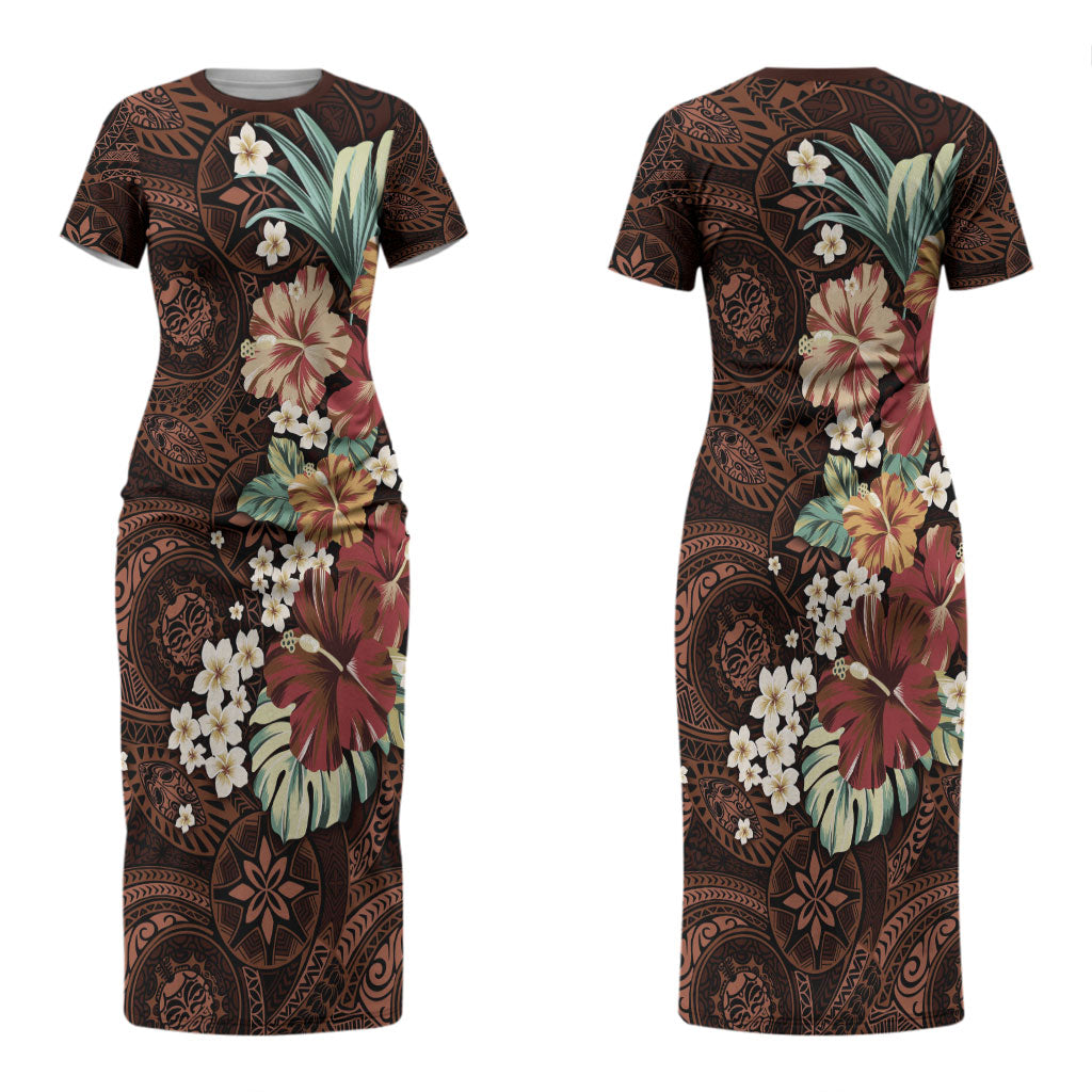 Kanoa Hawai'i Hibiscus Couples Matching Short Sleeve Bodycon Dress and Long Sleeve Button Shirt Polynesian Tribal Tattoo Pattern Floral Elements LT9 - Polynesian Pride