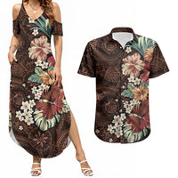 Kanoa Hawai'i Hibiscus Couples Matching Summer Maxi Dress and Hawaiian Shirt Polynesian Tribal Tattoo Pattern Floral Elements LT9 Brown - Polynesian Pride