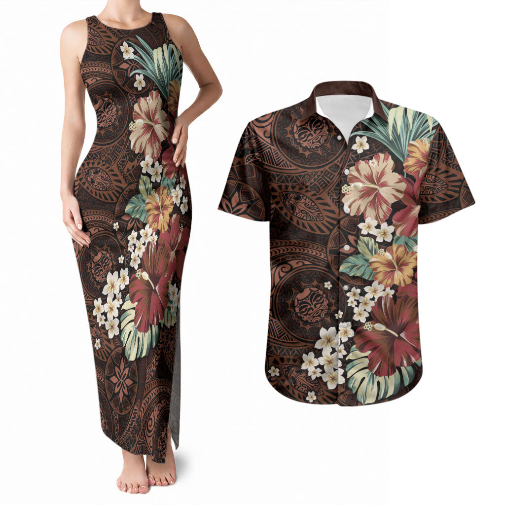 Kanoa Hawai'i Hibiscus Couples Matching Tank Maxi Dress and Hawaiian Shirt Polynesian Tribal Tattoo Pattern Floral Elements LT9 Brown - Polynesian Pride
