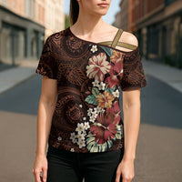 Kanoa Hawai'i Hibiscus Cross Shoulder Shirt Polynesian Tribal Tattoo Pattern Floral Elements