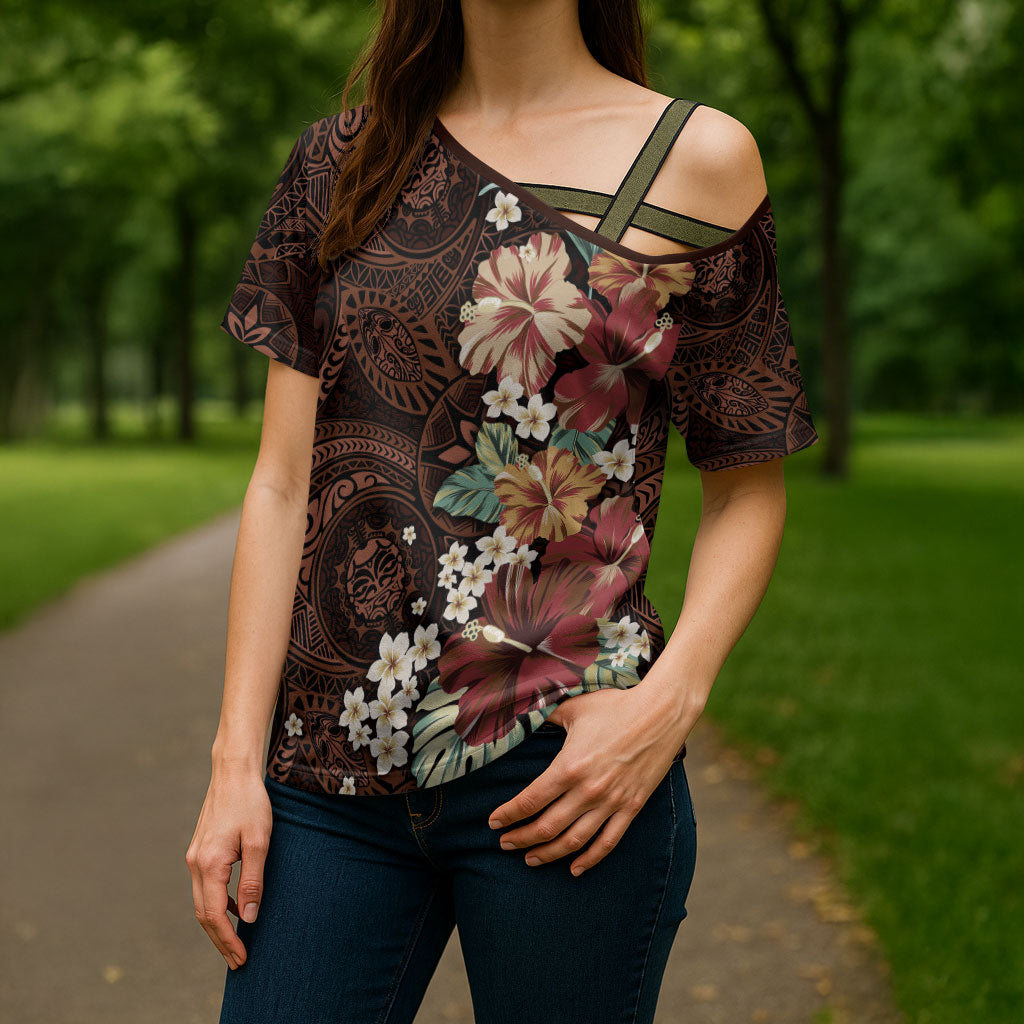 Kanoa Hawai'i Hibiscus Cross Shoulder Shirt Polynesian Tribal Tattoo Pattern Floral Elements