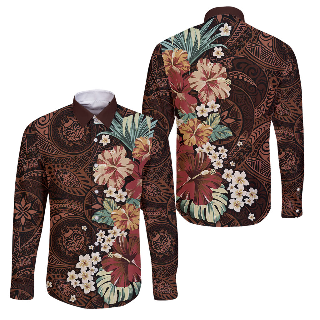 Kanoa Hawai'i Hibiscus Family Matching Long Sleeve Bodycon Dress and Hawaiian Shirt Polynesian Tribal Tattoo Pattern Floral Elements
