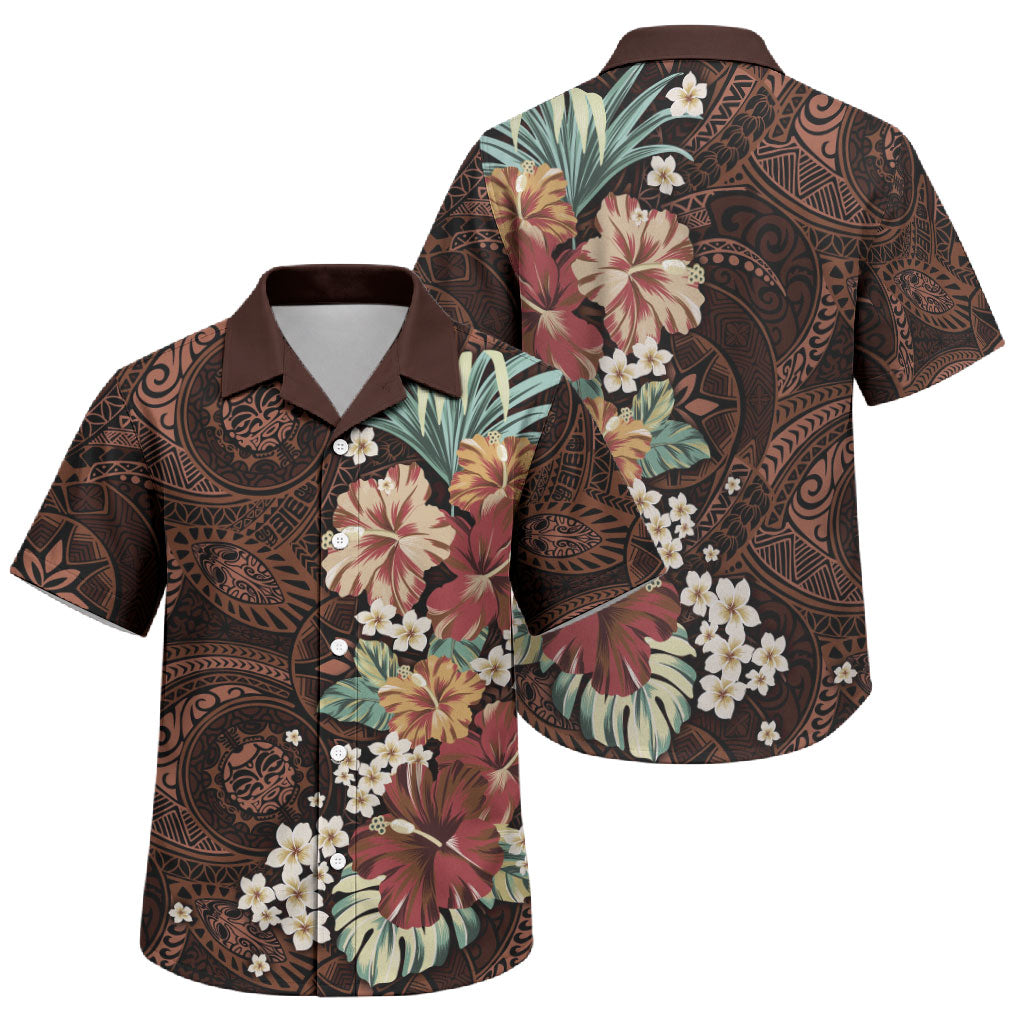 Kanoa Hawai'i Hibiscus Family Matching Off The Shoulder Long Sleeve Dress and Hawaiian Shirt Polynesian Tribal Tattoo Pattern Floral Elements LT9 Son's Shirt Brown - Polynesian Pride